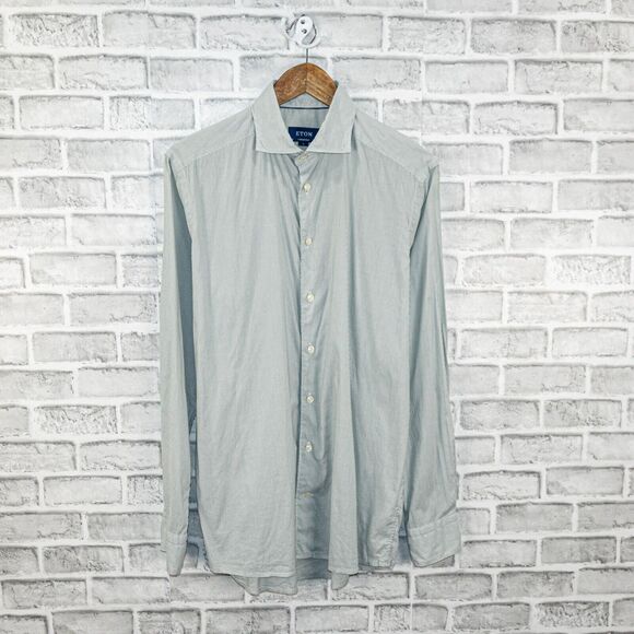 ETON Contemporary Cotton Modal Poplin button up Shirt green stripe 15 3/4 M - Picture 1 of 6